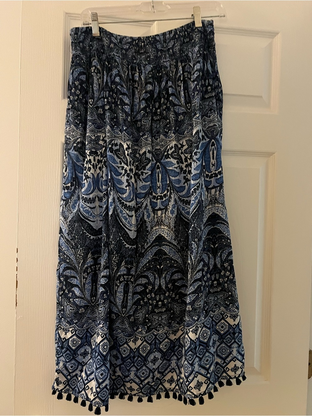 J. Jill Blue and White Paisley Midi Skirt with Tassel Hem